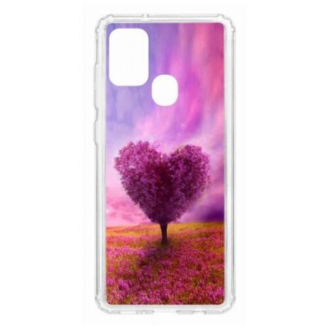 Чехол на Samsung Galaxy A21S Kruche Print Pink heart/накладка/с рисунком/прозрачный/бампер/противоударный/ударопрочный/с защитой камеры