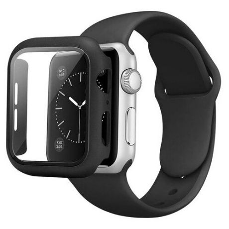 Черный силиконовый защитный чехол бампер для Apple Watch 40мм с ремешком черного цвета