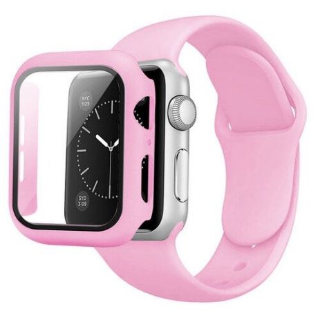 Защитный чехол розового цвета для Apple Watch 40мм в комплекте с силиконовым ремешком розового цвета Lady pink