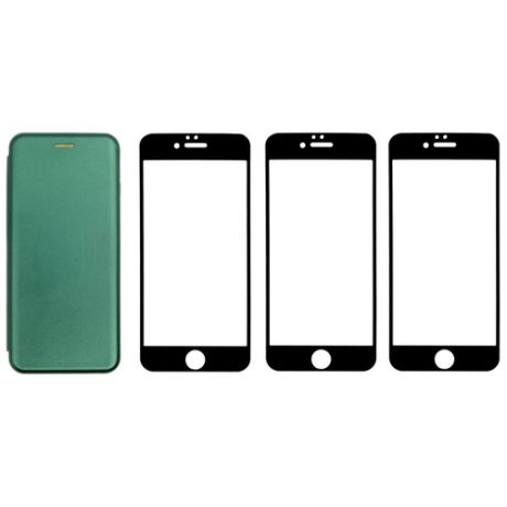 Комплект для iphone 6 / 6s : чехол книжка изумрудный + три закаленных защитных стекла с черной рамкой на весь экран / Айфон 6 / 6с