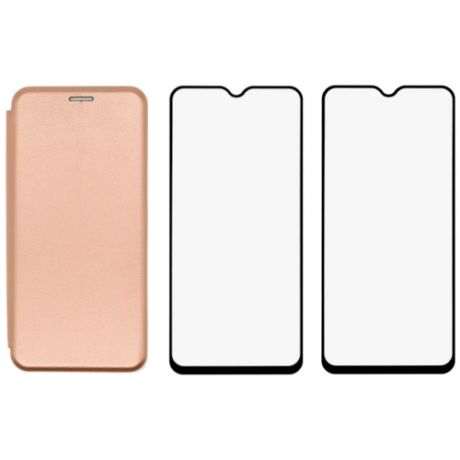 Комплект для Samsung Galaxy A12 / M12 : чехол книжка розовое золото + два закаленных защитных стекла с черной рамкой на весь экран / Самсунг А12 / М12