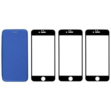 Комплект для iphone 6 / 6s : чехол книжка синий + три закаленных защитных стекла с черной рамкой