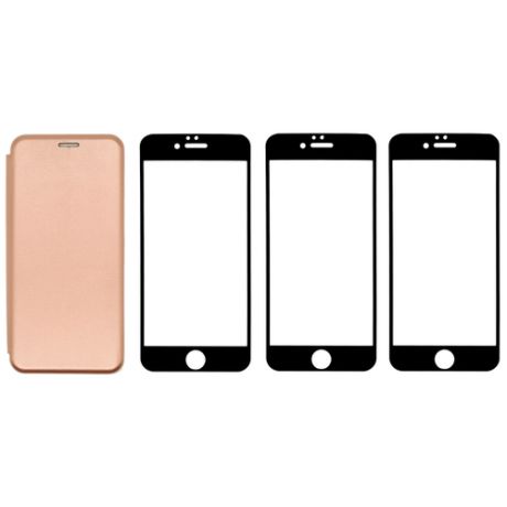 Комплект для iphone 6 / 6s : чехол книжка розовое золото + три закаленных защитных стекла с черной рамкой на весь экран / Айфон 6 / 6с