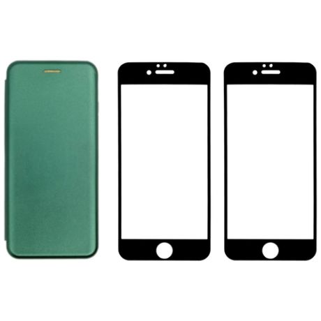 Комплект для iphone 6 / 6s : чехол книжка изумрудный + два закаленных защитных стекла с черной рамкой на весь экран / Айфон 6 / 6с / Айфон 6s