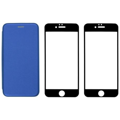 Комплект для iphone 6 / 6s : чехол книжка синий + два закаленных защитных стекла с черной рамкой на весь экран / Айфон 6 / 6С