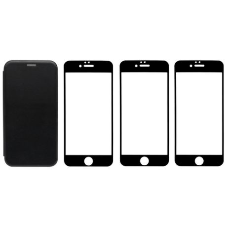 Комплект для iphone 6 / 6s черный : чехол книжка черный + три закаленных защитных стекла с черной рамкой на весь экран / Айфон 6 / 6С