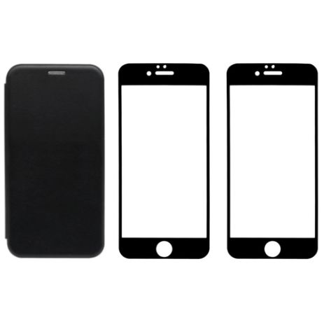 Комплект для Iphone 6 / 6s черный : чехол книжка черный + два закаленных защитных стекла с черной рамкой на весь экран / Айфон 6 / 6с