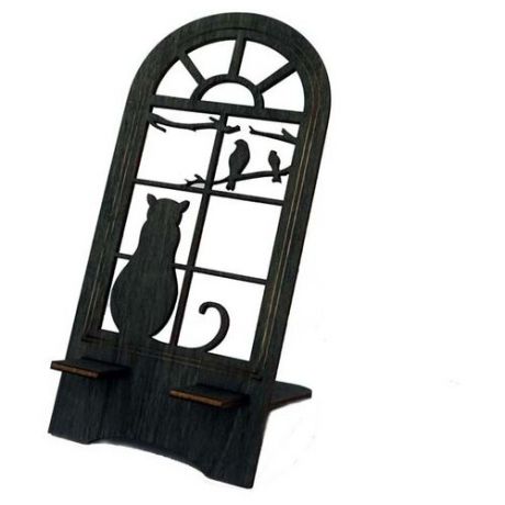 Держатель для телефона "Черный кот в окне" WoodGlamor 1577 из дерева подставка подарок сувенир для дома