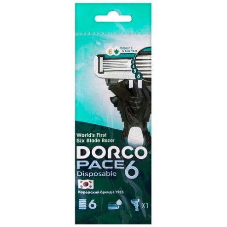 Dorco pace 6 одноразовый станок, 6-лезвий, плавающая головка, прорезиненная ручка, 1 шт