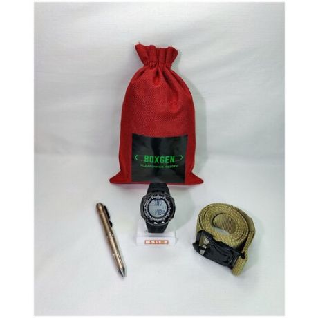Тактический подарочный набор для мужчины BOXGEN из часов, ручки и ремня Тактик 1.0 песочный