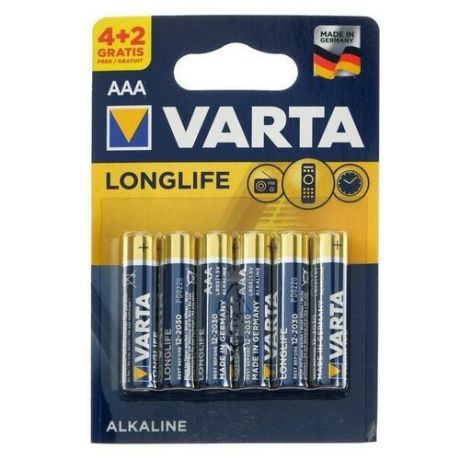 Батарейка алкалиновая Varta LongLife, AAA, LR03-6BL, 1.5В, блистер, 4+2 шт.