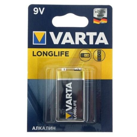 Батарейка алкалиновая Varta LongLife, 6LR61-1BL, 9В, крона, блистер, 1 шт.