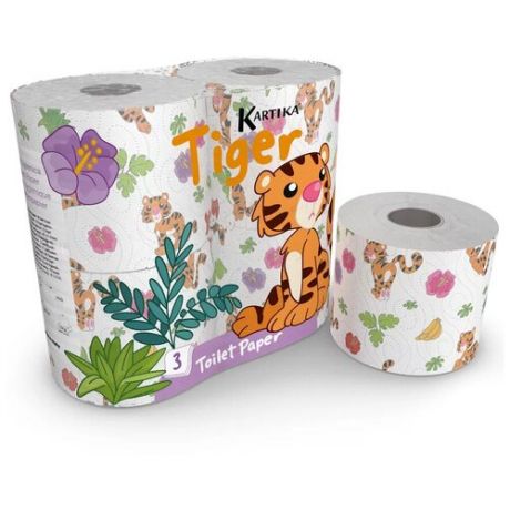 TIG- TT-01 Туалетная бумага "Тигр" с рисунком, Kartika Collection, 3 сл, 4 рул/200 л, World Cart