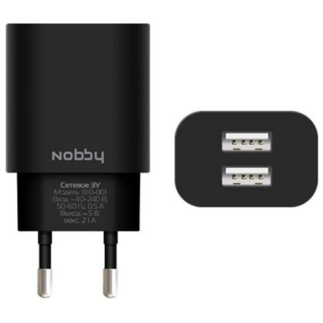 Сетевое зарядное устройство Nobby Comfort 2USB 2.1А (1/1А), SoftTouch, черн.