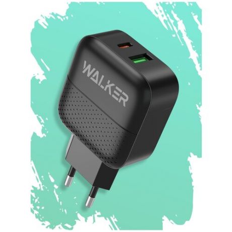 Сетевая зарядка для телефона WALKER WH-37, USB + Type-C мощностью 18W+18W,3.4A, быстрый заряд, черная / зарядное устройство адаптер универсальный блок