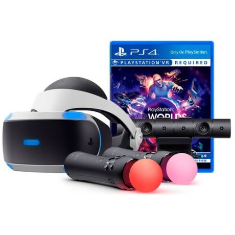 Шлем виртуальной реальности Sony PlayStation VR (CUH-ZVR2) + Camera + 2 Move Motion Controller + PlayStation VR Worlds, черно-белый