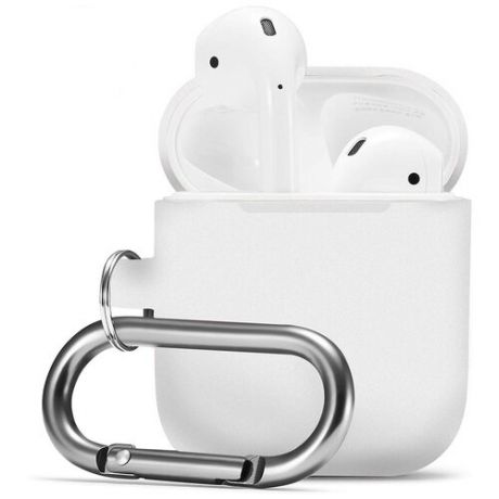 Защитный чехол для Apple AirPods 2 и Airpods 1 с карабином / Силиконовый чехол на Аирподс 2 и Аирподс 1 / Тонкий чехол для беспроводных Bluetooth блютуз наушников (White)