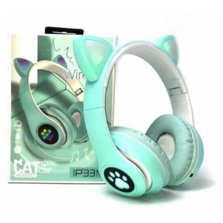 Беспроводные наушники Wireless Cat Ear P33M с bluetooth и светящимися кошачьими ушками и лапками (Голубой)