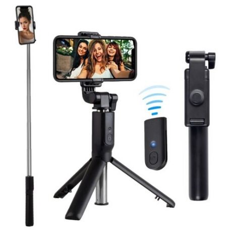 Монопод для селфи Selfie Stick R6 со встроенным штативом триподом, регулируемым держателем для телефона и Bluetooth пультом, цвет: черный