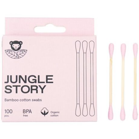Jungle Story Бамбуковые ватные палочки с розовым ультра мягким хлопком