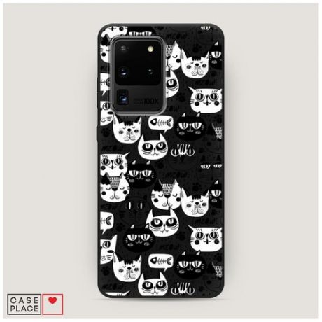 Чехол силиконовый Матовый Samsung Galaxy S20 Ultra Черно-белые коты фон