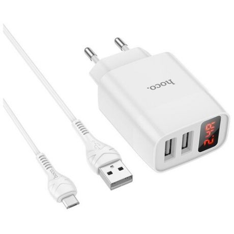 Зарядное устройство HOCO C86A Illustrious 2*USB + Кабель USB-Micro, 2.4A, белый, с дисплеем