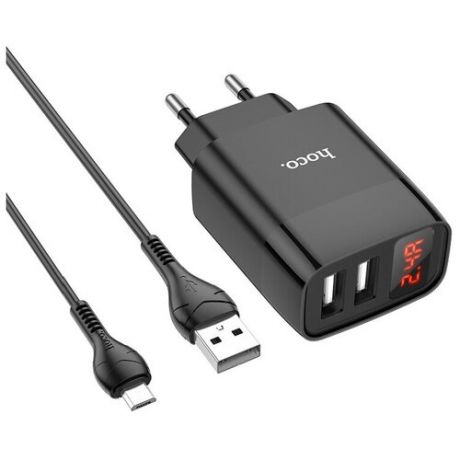Зарядное устройство HOCO C86A Illustrious 2*USB + Кабель USB-Micro, 2.4A, черный, с дисплеем