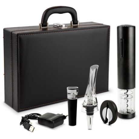 Подарочный набор сомелье для вина "GOODWINE" в черном кожаном чемодане 5в1 (электроштопор, аэратор, пробка, нож, зарядка)
