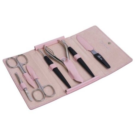 Маникюрный набор Erbe 9195ER (ножницы д/кутикулы + ножницы д/ногтей + кусачки д/ногтей + шабер копье + шабер лопатка + пилка металлическая + пинцет наклонный) розовый