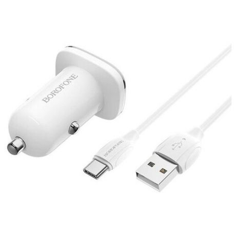 Автомобильное зарядное устройство Borofone BZ12 Lasting Power White 2 USB-порта 2.4А плюс кабель Type-C, белый