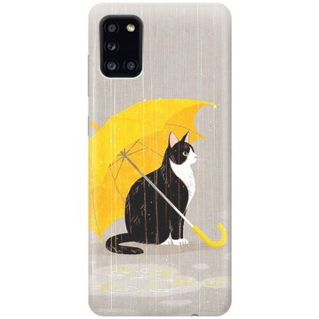 Ультратонкий силиконовый чехол-накладка для Samsung Galaxy A31 с принтом "Кот с желтым зонтом"