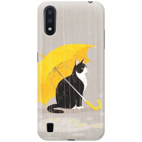 Ультратонкий силиконовый чехол-накладка для Samsung Galaxy A01 с принтом "Кот с желтым зонтом"