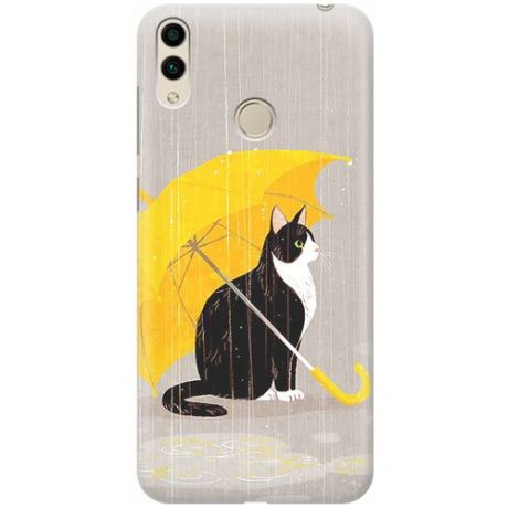 Ультратонкий силиконовый чехол-накладка для Honor 8C с принтом "Кот с желтым зонтом"