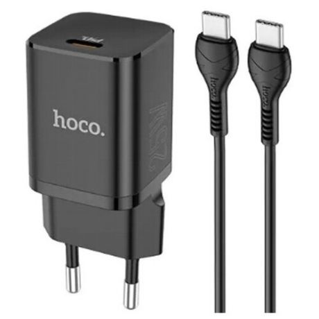 Сетевой адаптер питания Hoco N19 Black зарядка QC30 и USB-C PD 25W 1 порт плюс кабель USB-C, черный