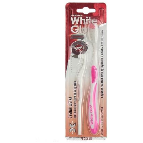 White Glo 840р Зубная щетка Flosser + ластик для удаления налета (утонченная щетина) розовый