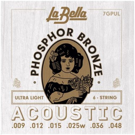 Комплект струн для акустической гитары, Ф/Б, Ultra Light, LA BELLA 7GPUL PHOSPHOR BRONZE (9-48)