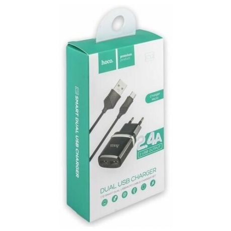 Адаптер питания Hoco C12 Smart dual USB charger set + Cable MicroUSB (2USB: 5V max 2.4A) Черный