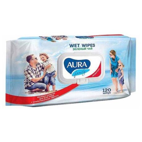 Влажные салфетки Aura Family с антибактериальным эффектом, 120 шт.