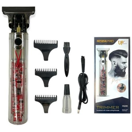 Профессиональный триммер для стрижки бороды и усов Rozia Pro HQ-296, Машинка для стрижки волос HQ-296, 3 насадки, прозрачный корпус