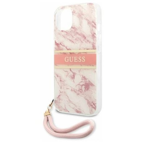 Guess для iPhone 13 mini чехол PC/TPU Marble Hard +Nylon hand cord Pink
