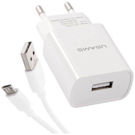 Сетевое зарядное устройство USAMS - (Модель T21 Charger kit) 1 USB T18 2,1A + кабель Micro USB 1m, белый (T21OCMC01)