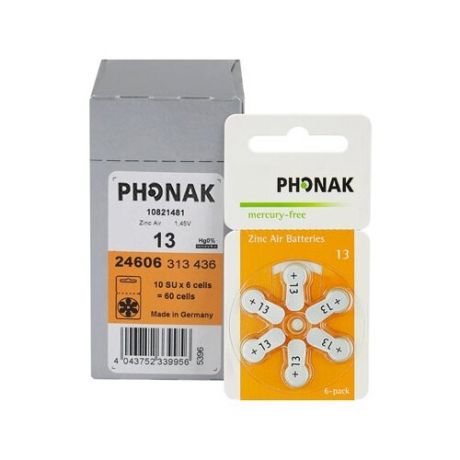 Батарейки Phonak 13 (PR48) для слуховых аппаратов, упаковка (60 батареек)