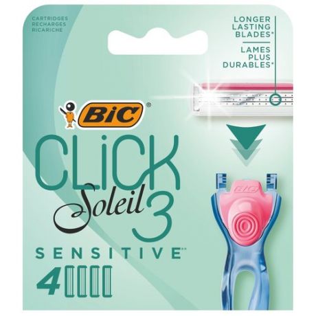 Сменные кассеты для женской бритвы, 3 подвижных лезвия, BIC Click 3 Soleil Sensitive, уп. 4 шт.