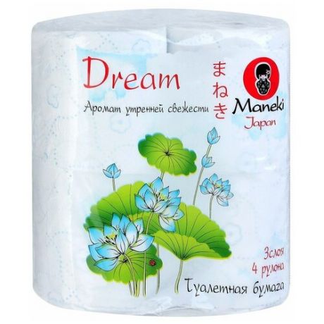 Туалетная бумага Maneki Dream Аромат утренней свежести белая трёхслойная 4 рул.