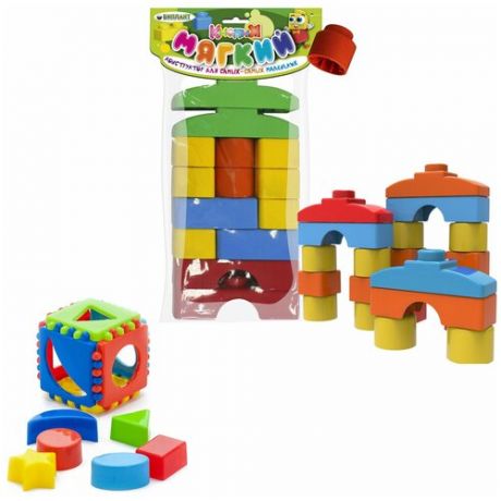 Развивающие игрушки для малышей/ Игрушка "Кубик логический малый" + Мягкий конструктор для малышей "кнопик" 14 дет.