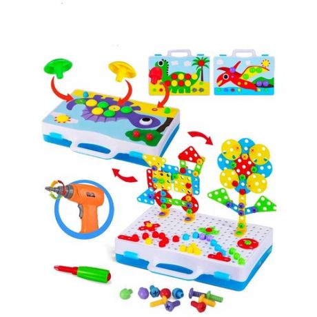 Конструктор с шуруповертом S+S Toys мозаика для малышей Динозавры развивающая игра, вертикальный, набор инструментов детский, 3D, пуговки, головоломка