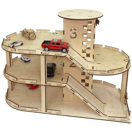Lion Woods Деревянный детский конструктор гараж парковка автостоянка с лифтом и вертолётной площадкой, 60х30х44 см