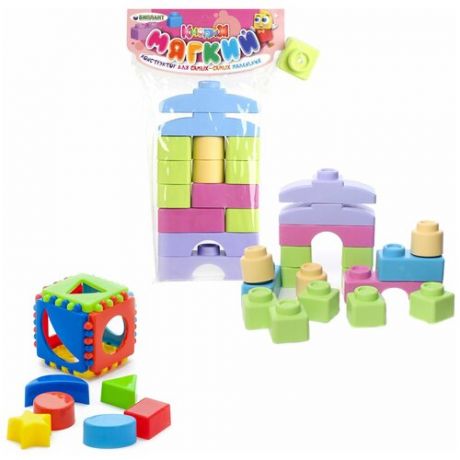 Развивающие игрушки для малышей/ Игрушка "Кубик логический малый" + Мягкий конструктор для малышей "кнопик" 14 дет. Пастель