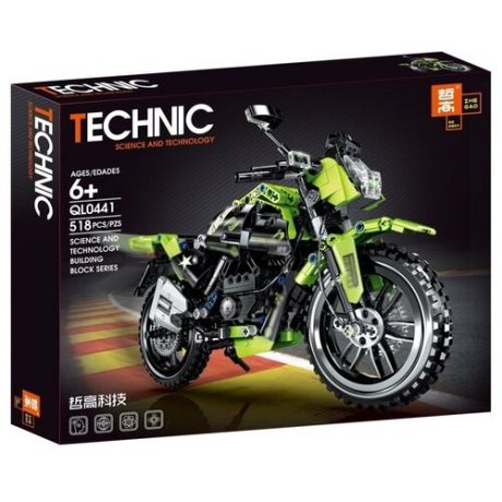 Конструктор пластмассовый Technic Техник Мотоцикл, модель QL0441 цвет зеленый,518 деталей.
