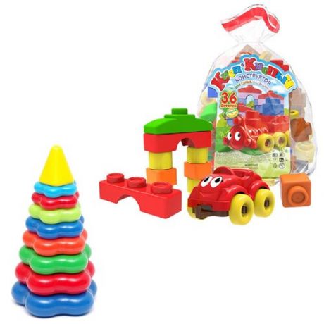 Развивающие игрушки для малышей/ Пирамида детская большая + Конструктор "Кноп-Кнопыч" 36 дет.